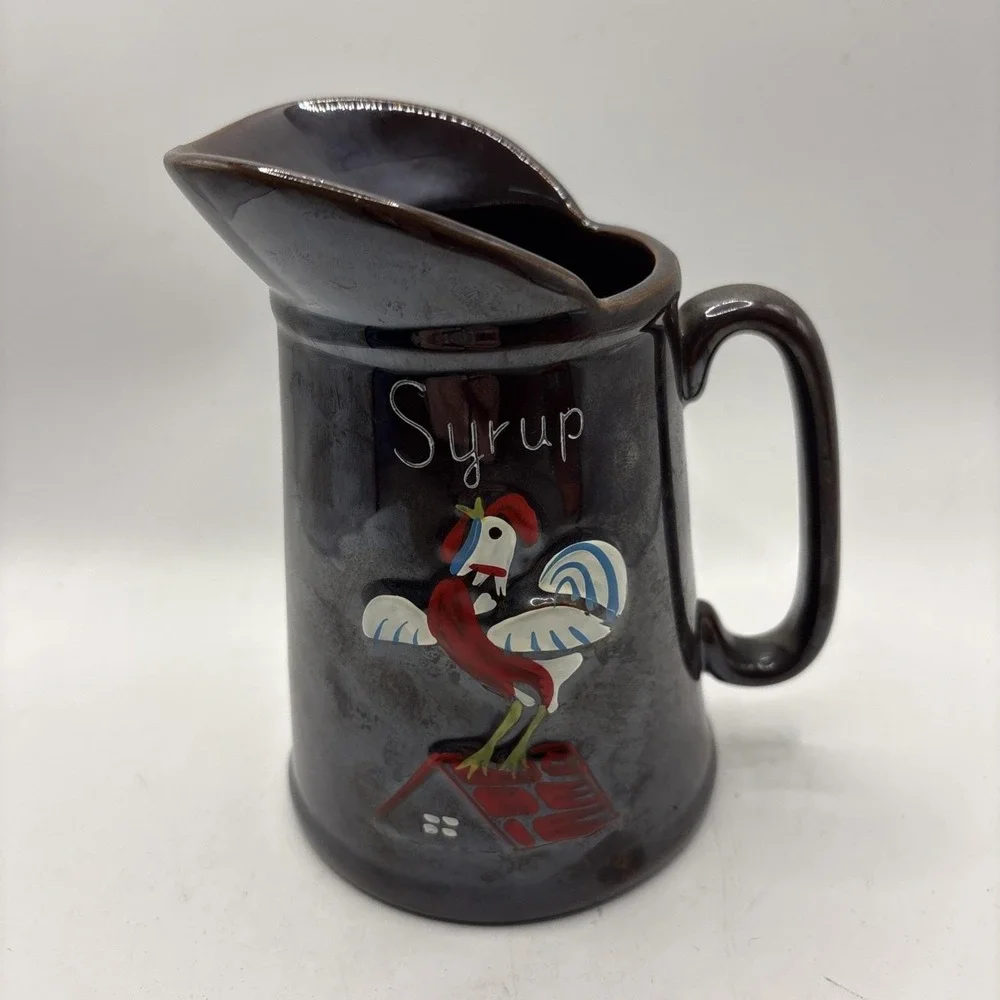 Vtg 50s Redware‎ Rooster Pottery Pancake Pitchers Batter Syrup Butter Japan